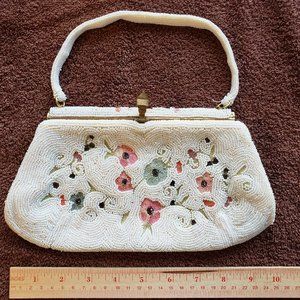 "Bag by Josef" Hand Made Vintage Handbag, from Belgium, White and Floral Beads
